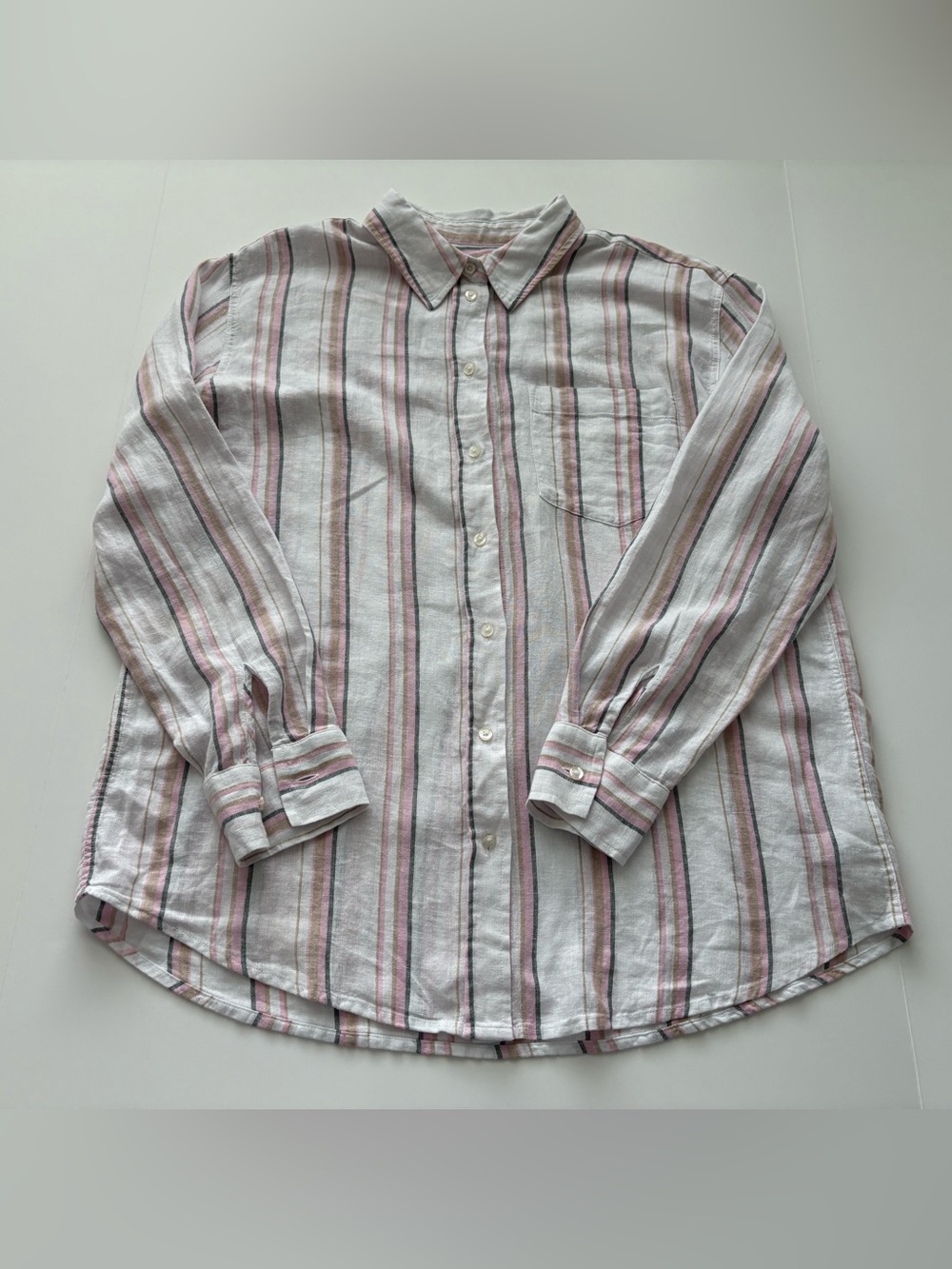 GAP NWT Linen Blend Striped Button Down Shirt Pink Gray Tan Size M